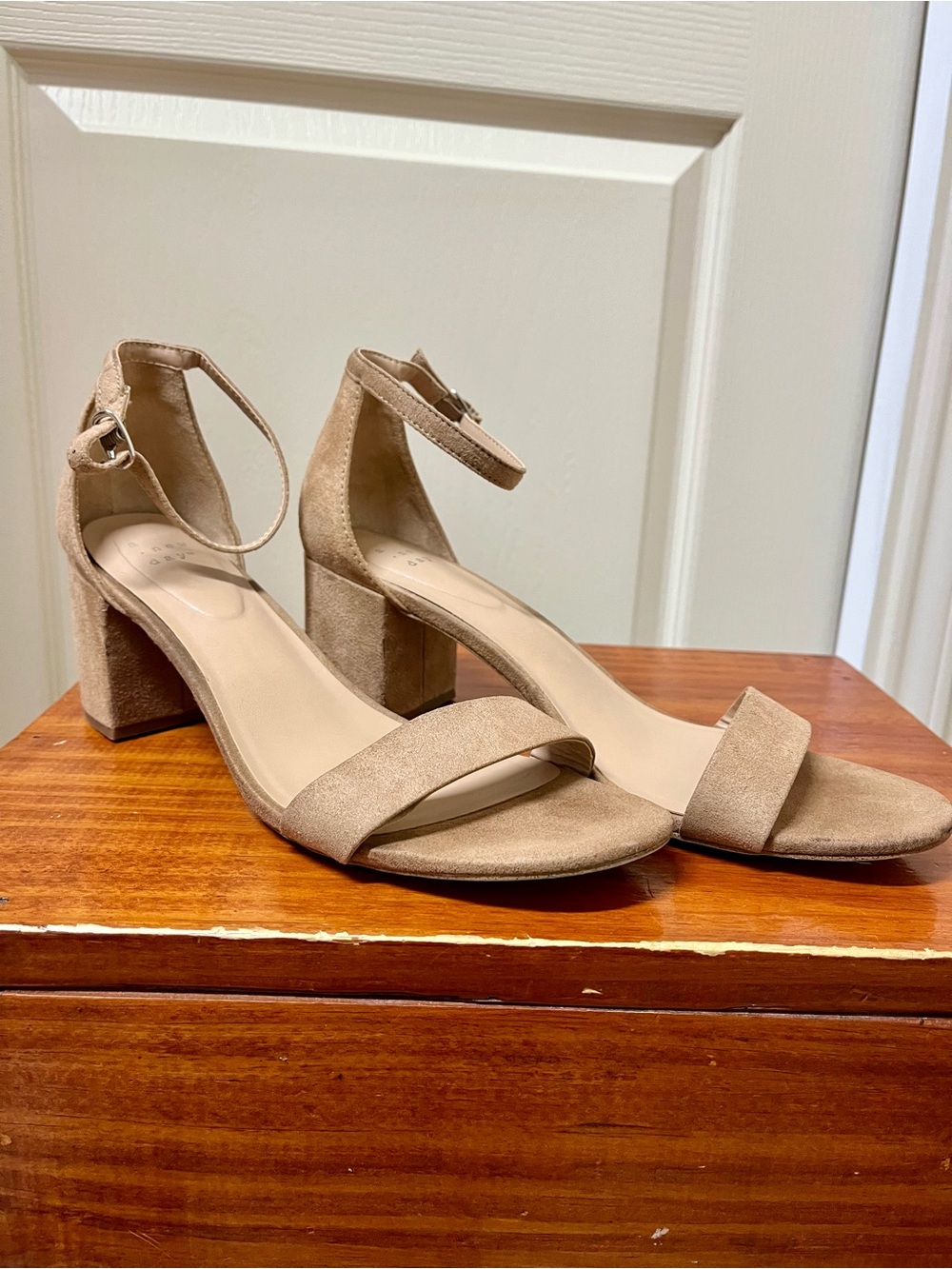 Block Heel Ankle-Strap Sandals in Taupe